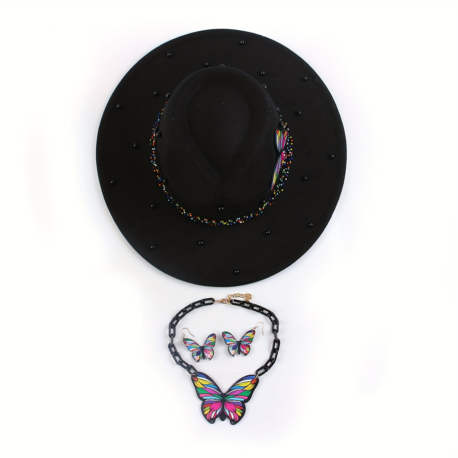 3pcs Set Butterfly Necklace Earrings Denim Hat Set